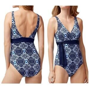 Tommy Bahama Island Sculpt One Piece Swimsuit Size 16 Navy Blue V-Neck Slimming